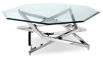 Konstanz 40" Glam Octagon Glass Top Coffee Table - Silver with Metal Base|Table à café octogonale somptueuse Konstanz de 40 po avec dessus en verre - argentée avec base en métal