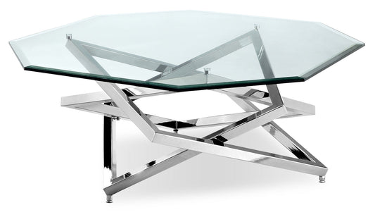 Konstanz 40" Glam Octagon Glass Top Coffee Table - Silver with Metal Base|Table à café octogonale somptueuse Konstanz de 40 po avec dessus en verre - argentée avec base en métal