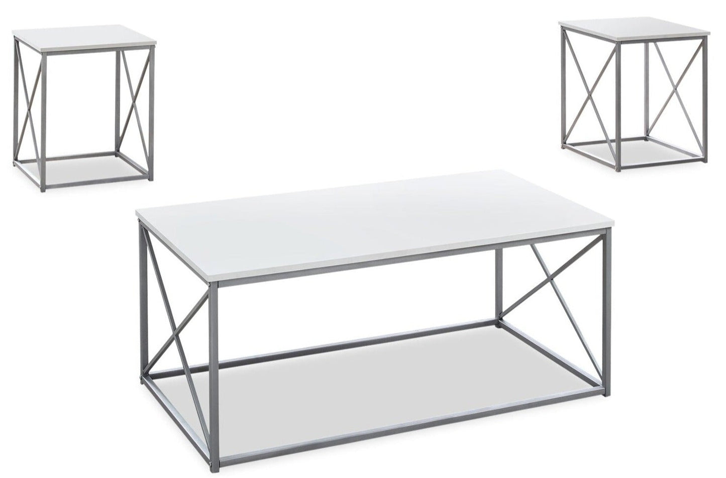 Kasey 42.25" Modern 3-Pack Coffee + 2 End Tables - White with Grey Metal Base|Ensemble 3 tables modernes Kasey de 42,25 po (table à café et 2 tables de bout) - blanc avec base en métal gris