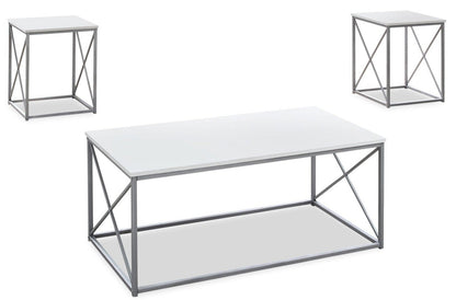 Kasey 42.25" Modern 3-Pack Coffee + 2 End Tables - White with Grey Metal Base|Ensemble 3 tables modernes Kasey de 42,25 po (table à café et 2 tables de bout) - blanc avec base en métal gris