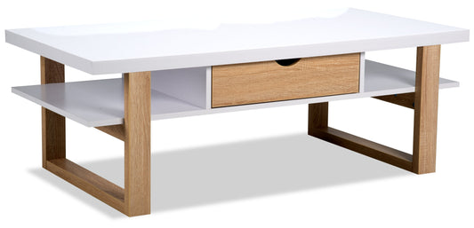 Izaac 47.25" Modern Coffee Table with Storage and Shelf - White and Brown |Table à café moderne Izaac de 47,25 po avec rangement et tablette - blanche et brune