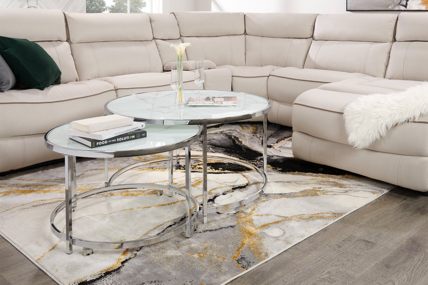 Josie 36" Glam Round Glass Top Nesting Coffee Tables - Grey Marble Look with Metal Legs|Tables à café gigognes rondes somptueuses Josie de 36 po avec dessus en verre - imitation de marbre gris avec pattes en métal