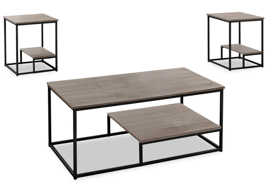 Jules 42.25" Modern 3-Pack Coffee + 2 End Tables with Shelf - Dark Taupe with Black Metal Frame|Ensemble 3 tables modernes Jules de 42,25 po (table à café et 2 tables de bout) avec tablette - taupe foncée avec armature en métal noir