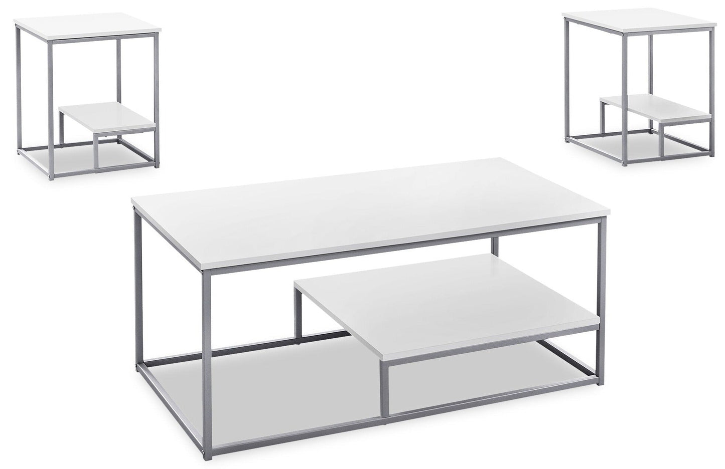 Jules 42.25" Modern 3-Pack Coffee + 2 End Tables with Shelf - White with Grey Metal Frame|Ensemble 3 tables modernes Jules de 42,25 po (table à café et 2 tables de bout) avec tablette - blanc avec armature en métal gris
