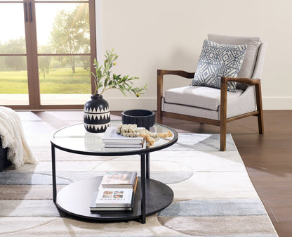 Kendal 31.5" Modern Round Glass Top Coffee Table with Casters - Black | Table à café moderne Kendal ronde de 31,5 po avec dessus en verre - noire