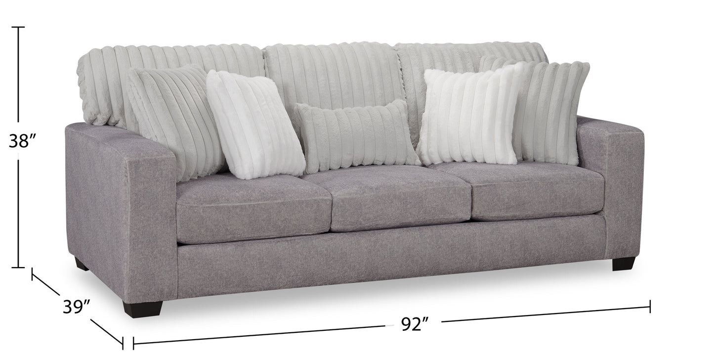 Made in Canada Koda 92" Chenille and Faux Fur Fabric Sofa with Removable Cushions - Plush Paloma Grey | Sofa Koda de 92 po fabriqué au Canada en tissu de chenille et de fausse fourrure avec coussins amovibles - gris Paloma luxueux