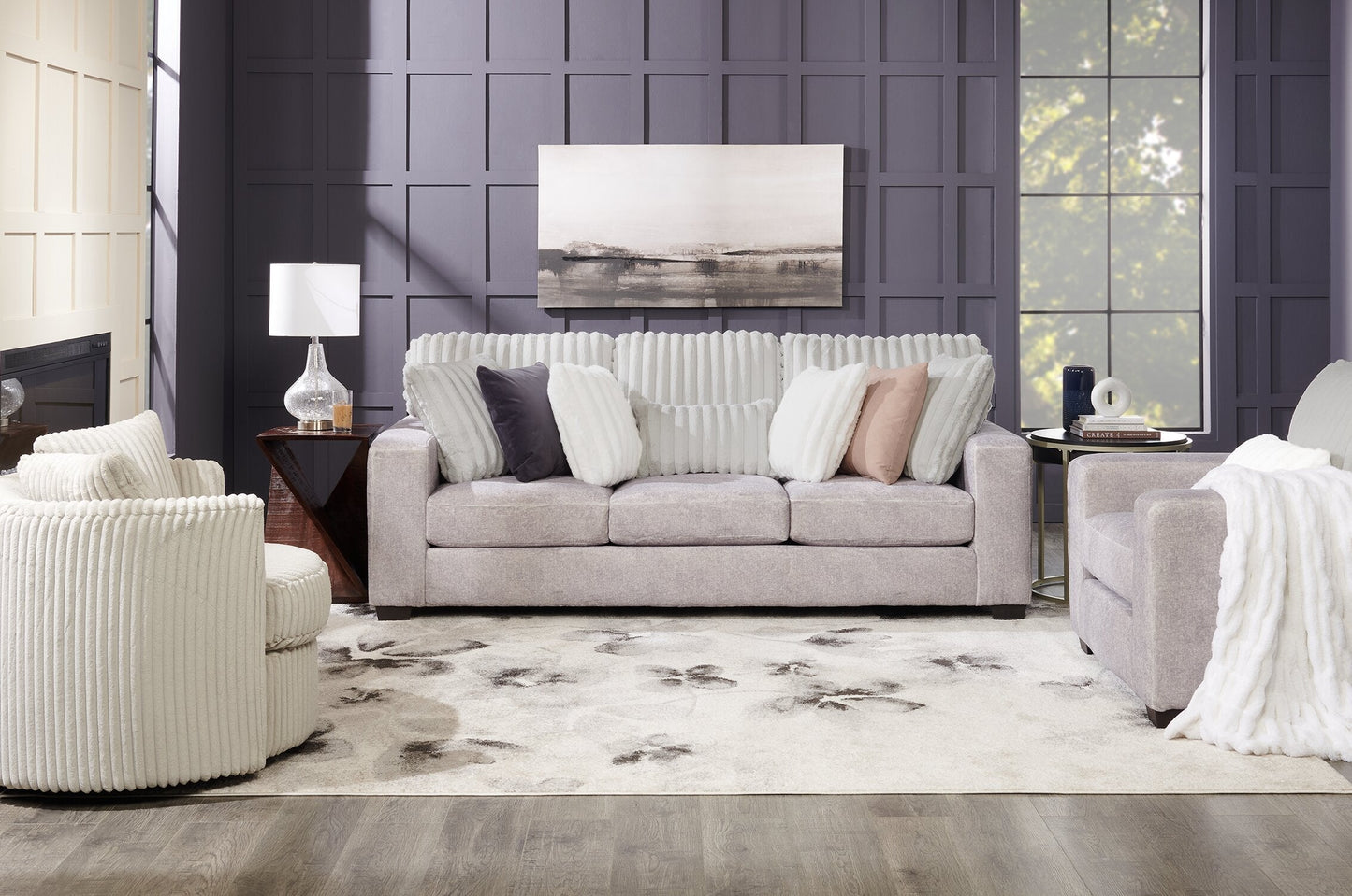 Made in Canada Koda 92" Chenille and Faux Fur Fabric Sofa with Removable Cushions - Plush Paloma Grey | Sofa Koda de 92 po fabriqué au Canada en tissu de chenille et de fausse fourrure avec coussins amovibles - gris Paloma luxueux