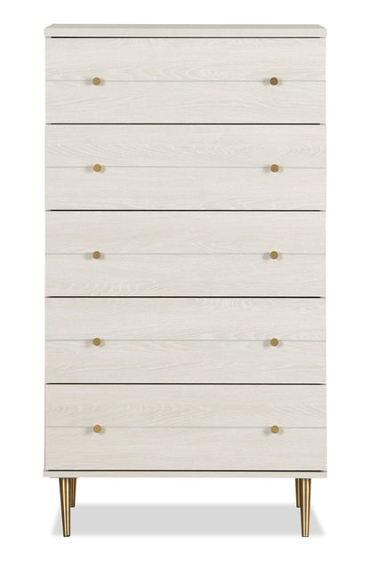 Lake Bedroom Chest of Drawers, 5-Drawer, 29"W x 52"H, Made in Canada, Glam - White | Commode verticale somptueuse Lake de 29 po (L) x 52 po (H) à 5 tiroirs pour la chambre à coucher, fabriquée au Canada - blanche