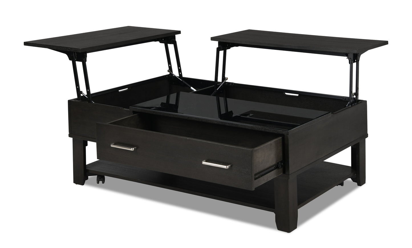 Landon 48" Modern Lift Top Coffee Table With Storage, Shelf and Casters - Dark Brown  |Table à café moderne Landon de 48 po avec dessus relevable, rangement, tablette et roulettes - brun foncé
