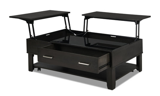 Landon 48" Modern Lift Top Coffee Table With Storage, Shelf and Casters - Dark Brown  |Table à café moderne Landon de 48 po avec dessus relevable, rangement, tablette et roulettes - brun foncé