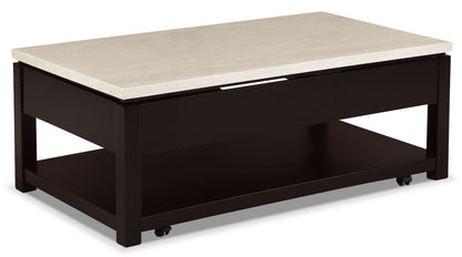 Sicily 48" Modern Lift Top Coffee Table With Storage, Shelf and Casters - Beige and Dark Brown |Table à café moderne Sicily de 48 po avec dessus relevable, rangement, tablette et roulettes - beige et brun foncé