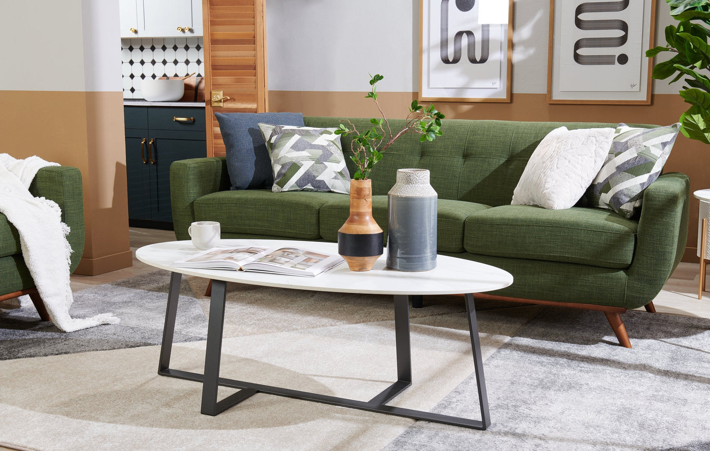Kort & Co. Nico 51" Modern Oval Coffee Table - White Sinetered Stone with Dark Grey Metal Legs|Table à café ovale moderne Nico de Kort & Co. de 51 po - pierre frittée blanche avec pattes en métal gris foncé
