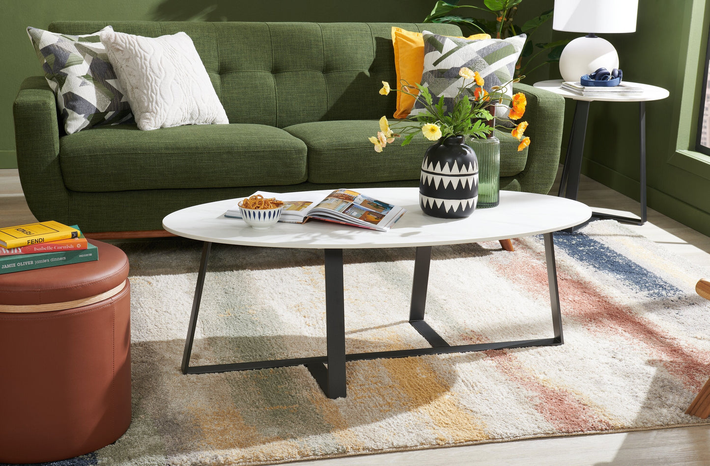 Kort & Co. Nico 51" Modern Oval Coffee Table - White Sinetered Stone with Dark Grey Metal Legs|Table à café ovale moderne Nico de Kort & Co. de 51 po - pierre frittée blanche avec pattes en métal gris foncé