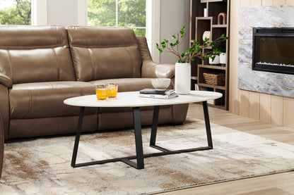 Kort & Co. Nico 51" Modern Oval Coffee Table - White Sinetered Stone with Dark Grey Metal Legs|Table à café ovale moderne Nico de Kort & Co. de 51 po - pierre frittée blanche avec pattes en métal gris foncé