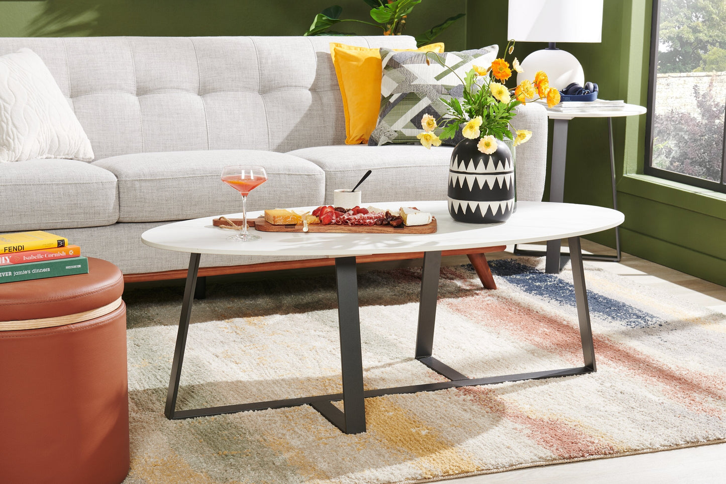 Kort & Co. Nico 51" Modern Oval Coffee Table - White Sinetered Stone with Dark Grey Metal Legs|Table à café ovale moderne Nico de Kort & Co. de 51 po - pierre frittée blanche avec pattes en métal gris foncé