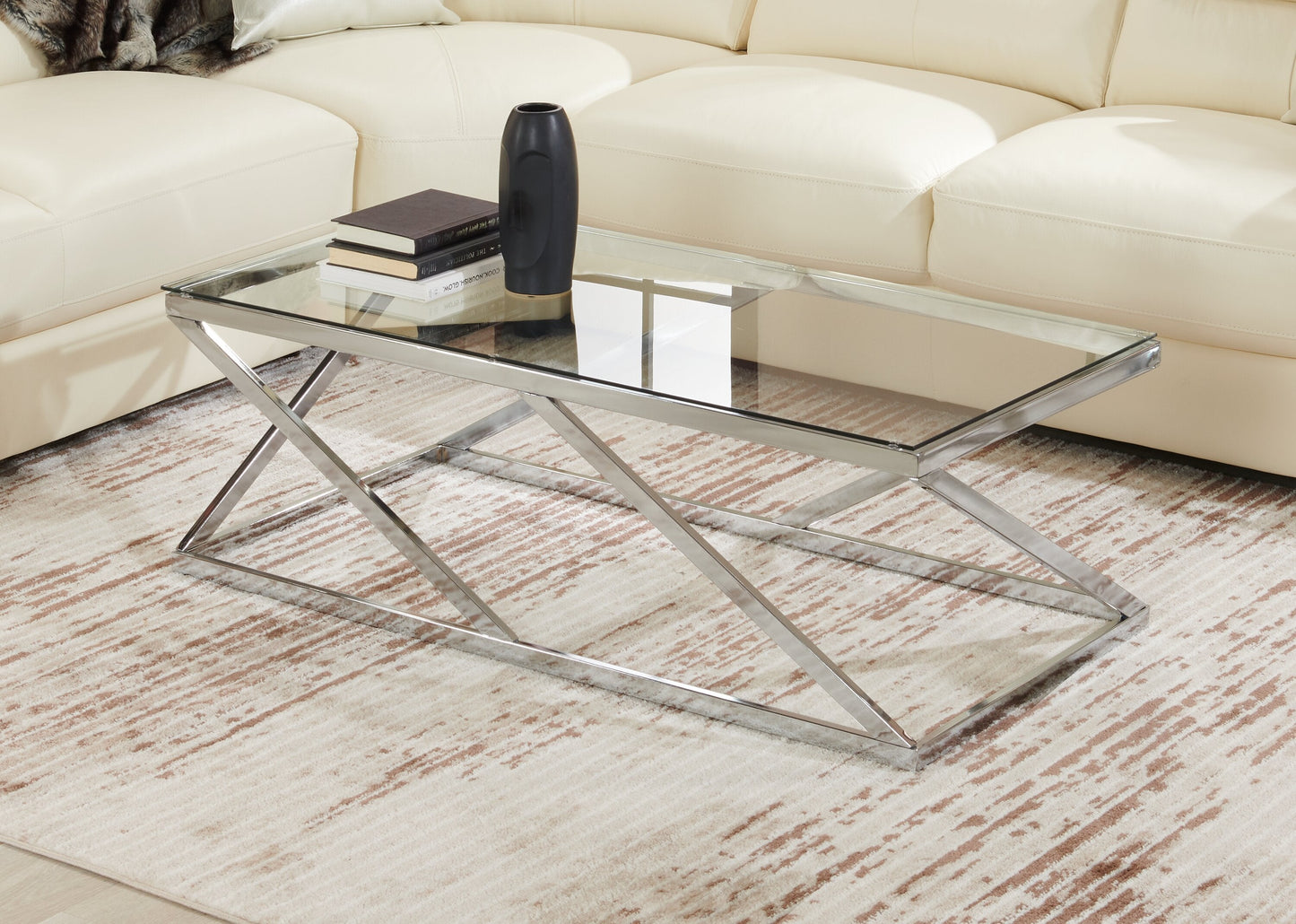 Nixon 47.25" Modern Glass Top Coffee Table - Chrome with Metal Base|Table à café moderne Nixon de 47,25 po avec dessus en verre - chromée avec base en métal