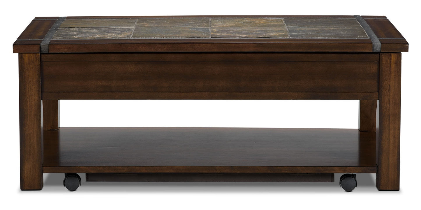 Roanoke 50" Rustic Lift Top Coffee Table with Storage and Shelf - Dark Cherry Wood and Slate Inlay|Table à café rustique Roanoke de 50 po avec dessus relevable, rangement et tablette - bois cerisier foncé et incrustation d’ardoise