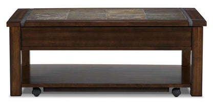 Roanoke 50" Rustic Lift Top Coffee Table with Storage and Shelf - Dark Cherry Wood and Slate Inlay|Table à café rustique Roanoke de 50 po avec dessus relevable, rangement et tablette - bois cerisier foncé et incrustation d’ardoise