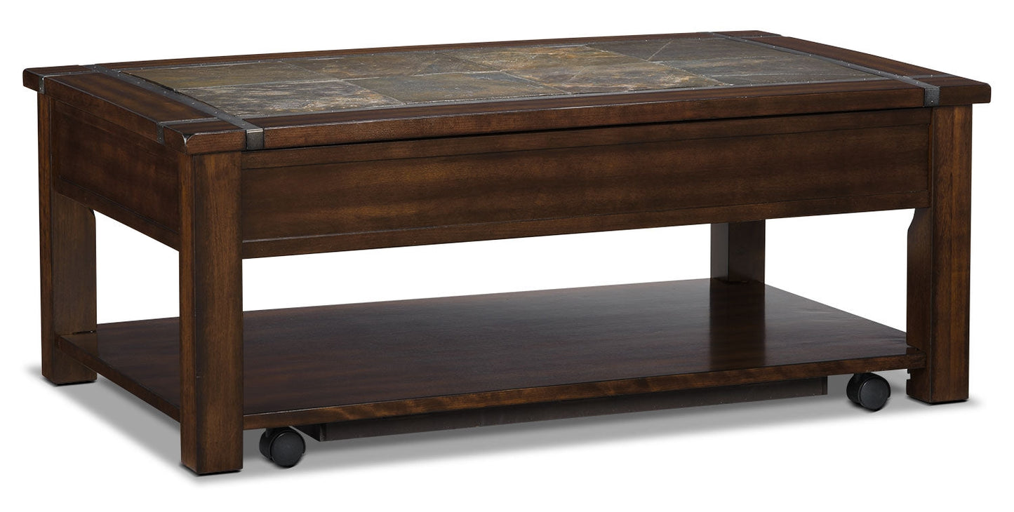 Roanoke 50" Rustic Lift Top Coffee Table with Storage and Shelf - Dark Cherry Wood and Slate Inlay|Table à café rustique Roanoke de 50 po avec dessus relevable, rangement et tablette - bois cerisier foncé et incrustation d’ardoise