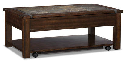 Roanoke 50" Rustic Lift Top Coffee Table with Storage and Shelf - Dark Cherry Wood and Slate Inlay|Table à café rustique Roanoke de 50 po avec dessus relevable, rangement et tablette - bois cerisier foncé et incrustation d’ardoise