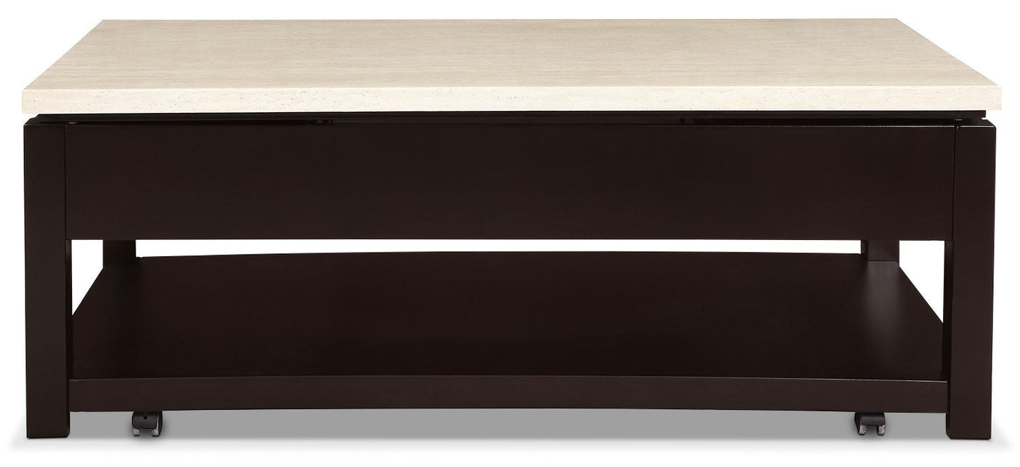 Sicily 48" Modern Lift Top Coffee Table With Storage, Shelf and Casters - Beige and Dark Brown |Table à café moderne Sicily de 48 po avec dessus relevable, rangement, tablette et roulettes - beige et brun foncé