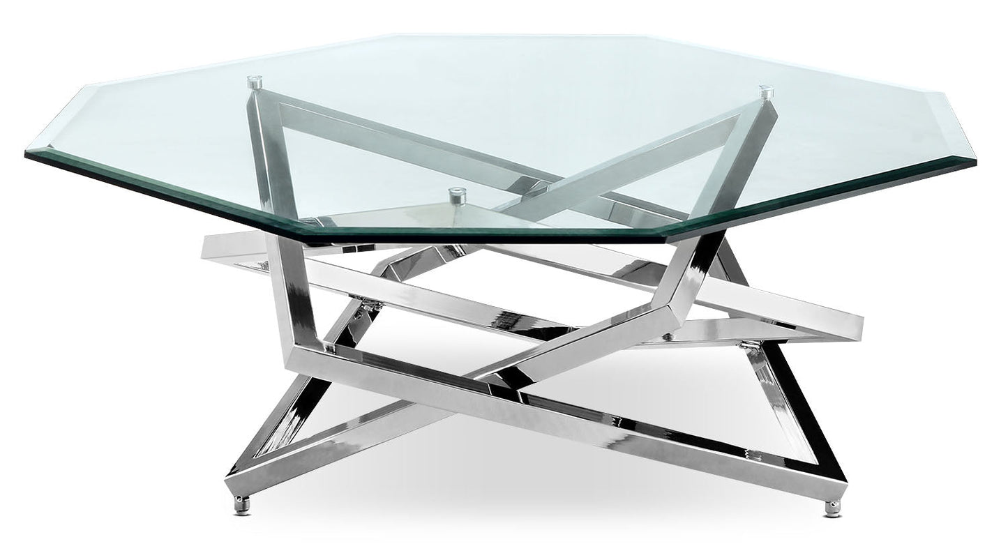 Konstanz 40" Glam Octagon Glass Top Coffee Table - Silver with Metal Base|Table à café octogonale somptueuse Konstanz de 40 po avec dessus en verre - argentée avec base en métal