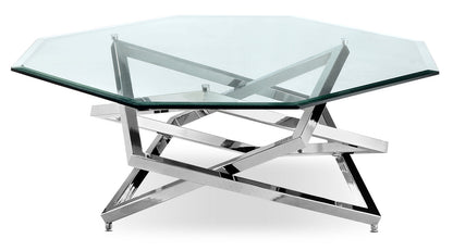 Konstanz 40" Glam Octagon Glass Top Coffee Table - Silver with Metal Base|Table à café octogonale somptueuse Konstanz de 40 po avec dessus en verre - argentée avec base en métal