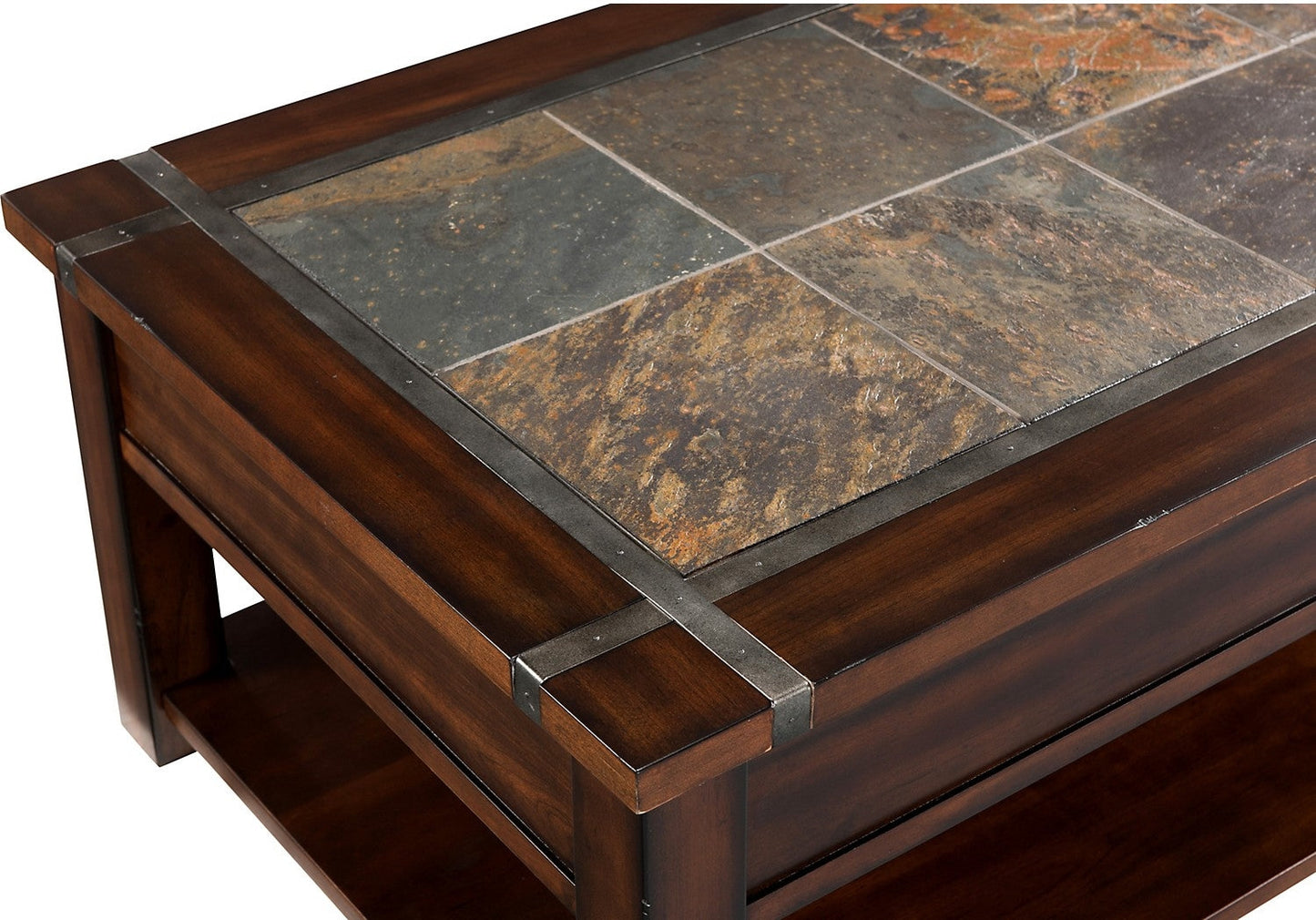 Roanoke 50" Rustic Lift Top Coffee Table with Storage and Shelf - Dark Cherry Wood and Slate Inlay|Table à café rustique Roanoke de 50 po avec dessus relevable, rangement et tablette - bois cerisier foncé et incrustation d’ardoise