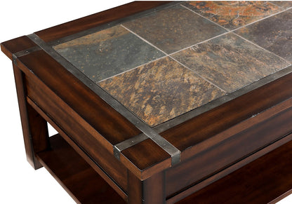 Roanoke 50" Rustic Lift Top Coffee Table with Storage and Shelf - Dark Cherry Wood and Slate Inlay|Table à café rustique Roanoke de 50 po avec dessus relevable, rangement et tablette - bois cerisier foncé et incrustation d’ardoise