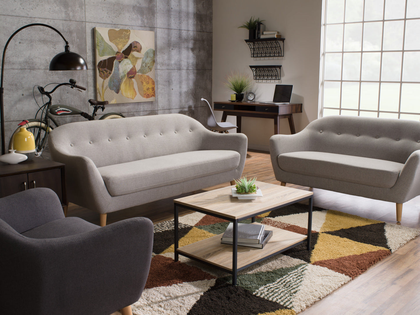 Calla 73.62" Linen-Look Fabric Condo  Size Sofa with Button Tufting and Wood Legs - Light Grey | Sofa Calla de 73,62 po de format condo en tissu d’apparence lin avec capitonnage et pattes en bois - gris clair