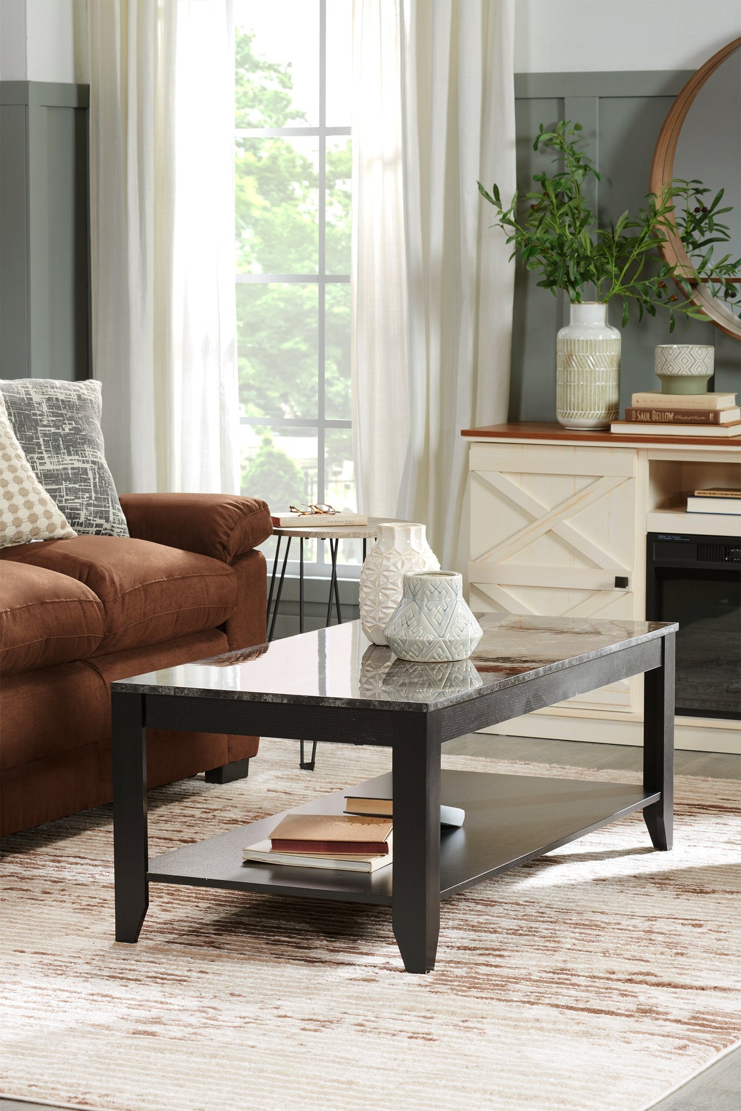 Roma  47.5" 3-Pack Coffee + 2 End Tables with Shelf - Black Marble Look |Ensemble 3 tables Roma de 47,5 po (table à café et 2 tables de bout) avec tablette - imitation de marbre noir