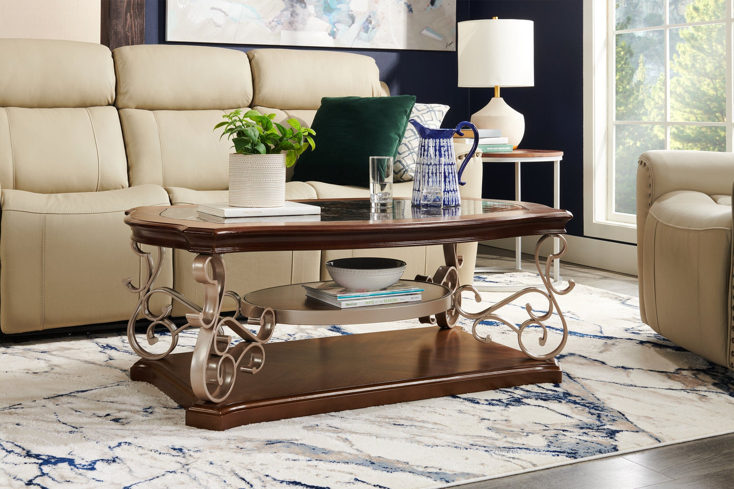 Heidi 52" Ornate Coffee Table with Shelf - Brown and Champagne with Metal Legs|Table à café ornée Heidi de 52 po avec tablette - brune et champagne avec pattes en métal