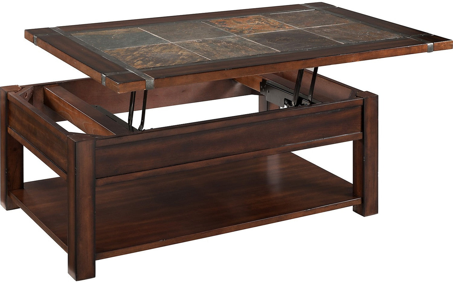 Roanoke 50" Rustic Lift Top Coffee Table with Storage and Shelf - Dark Cherry Wood and Slate Inlay|Table à café rustique Roanoke de 50 po avec dessus relevable, rangement et tablette - bois cerisier foncé et incrustation d’ardoise