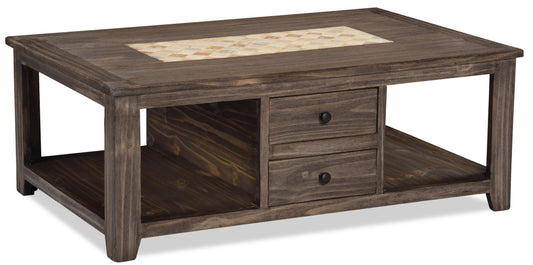 Santa Fe Rustico 47.25" Rustic Coffee Table with Storage and Shelf - Grey Pine with Marble Inset|Table à café rustique Santa Fe Rustico de 47,25 po avec rangement et tablette - pin gris avec incrustation de marbre