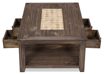 Santa Fe Rustico 47.25" Rustic Coffee Table with Storage and Shelf - Grey Pine with Marble Inset|Table à café rustique Santa Fe Rustico de 47,25 po avec rangement et tablette - pin gris avec incrustation de marbre