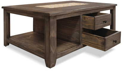 Santa Fe Rustico 47.25" Rustic Coffee Table with Storage and Shelf - Grey Pine with Marble Inset|Table à café rustique Santa Fe Rustico de 47,25 po avec rangement et tablette - pin gris avec incrustation de marbre