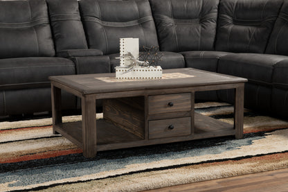 Santa Fe Rustico 47.25" Rustic Coffee Table with Storage and Shelf - Grey Pine with Marble Inset|Table à café rustique Santa Fe Rustico de 47,25 po avec rangement et tablette - pin gris avec incrustation de marbre