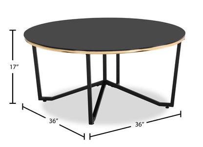 Xander 36" Modern Round Glass Top Coffee Table - Black and Gold with Metal Legs|Table à café ronde moderne Xander de 36 po avec dessus en verre - noire et dorée avec pattes en métal