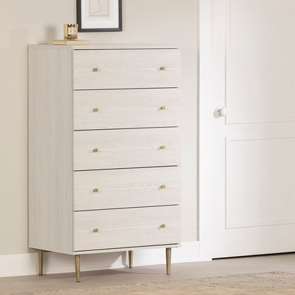 Lake Bedroom Chest of Drawers, 5-Drawer, 29"W x 52"H, Made in Canada, Glam - White | Commode verticale somptueuse Lake de 29 po (L) x 52 po (H) à 5 tiroirs pour la chambre à coucher, fabriquée au Canada - blanche