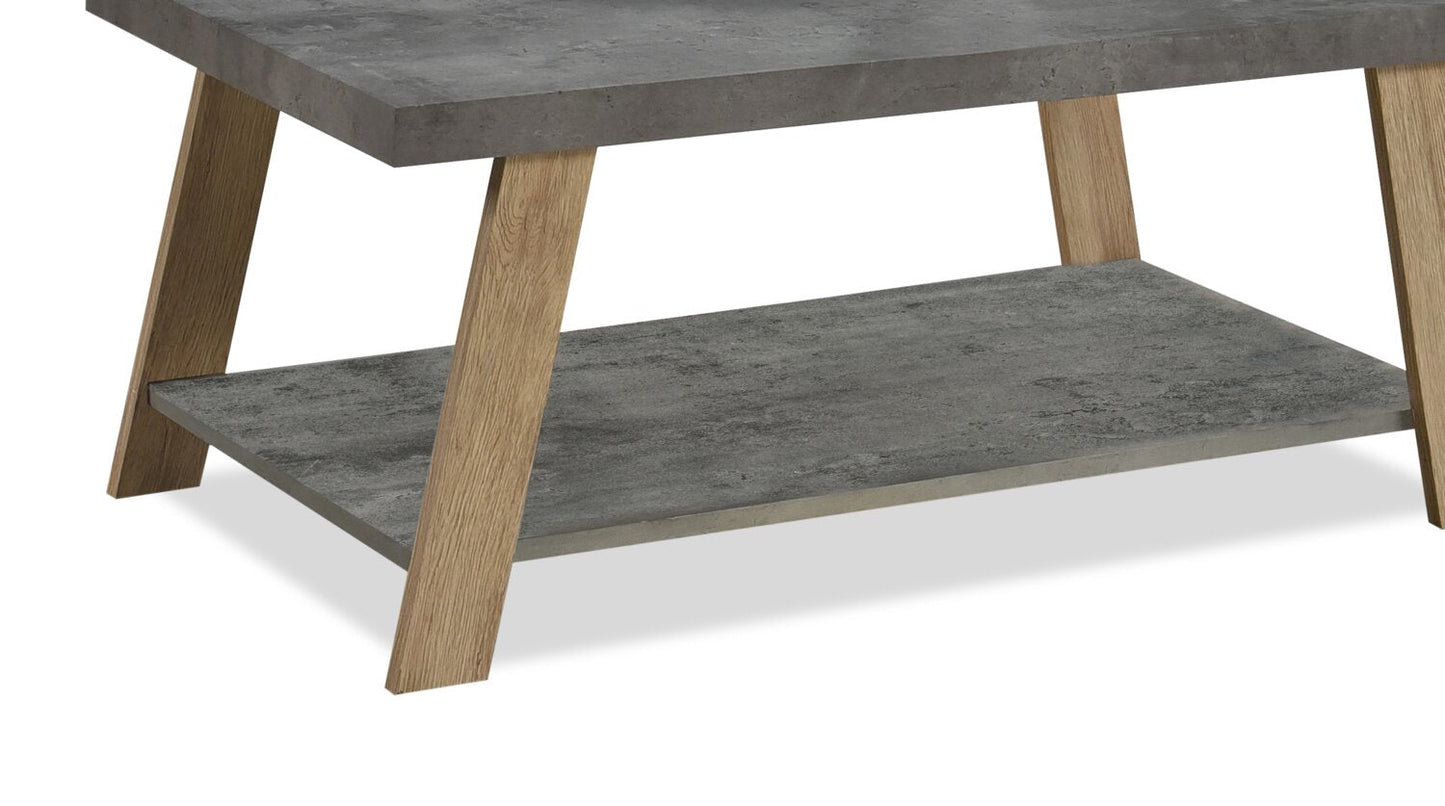 Kelly 43.3" Modern Coffee Table with Shelf - Grey Stone Top with Light Wood Legs|Table à café moderne Kelly de 43,3 po avec tablette - dessus en pierre grise avec pattes en bois clair