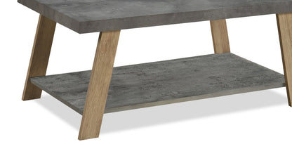 Kelly 43.3" Modern Coffee Table with Shelf - Grey Stone Top with Light Wood Legs|Table à café moderne Kelly de 43,3 po avec tablette - dessus en pierre grise avec pattes en bois clair