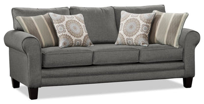 Made in Canada Tula 88" Fabric Sofa with Rolled Arms and Accent Pillows - Steel Grey | Sofa Tula de 88 po fabriqué au Canada en tissu avec accoudoirs enroulés et coussins décoratifs - gris acier