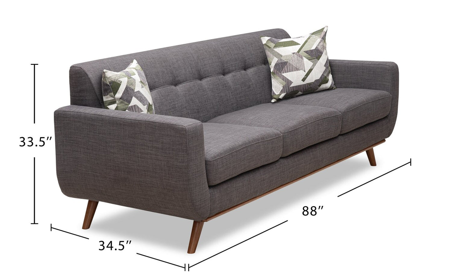 Kort & Co. Freeman 88" Linen-Look Fabric Sofa with Wood Base and Tufted Back Cushions - Charcoal Grey | Sofa Freeman Kort & Co. de 88 po en tissu d’apparence lin avec pattes en bois et coussins de dossier capitonnés - gris anthracite