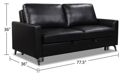 Wilson 77.5" Leather-Look Fabric Sleeper Sofa with Drop-Down Back Cushions and Metal Legs - Black | Sofa-lit Wilson de 77,5 po en tissu d’apparence cuir avec coussins de dossier rabattables et pattes en métal - noir