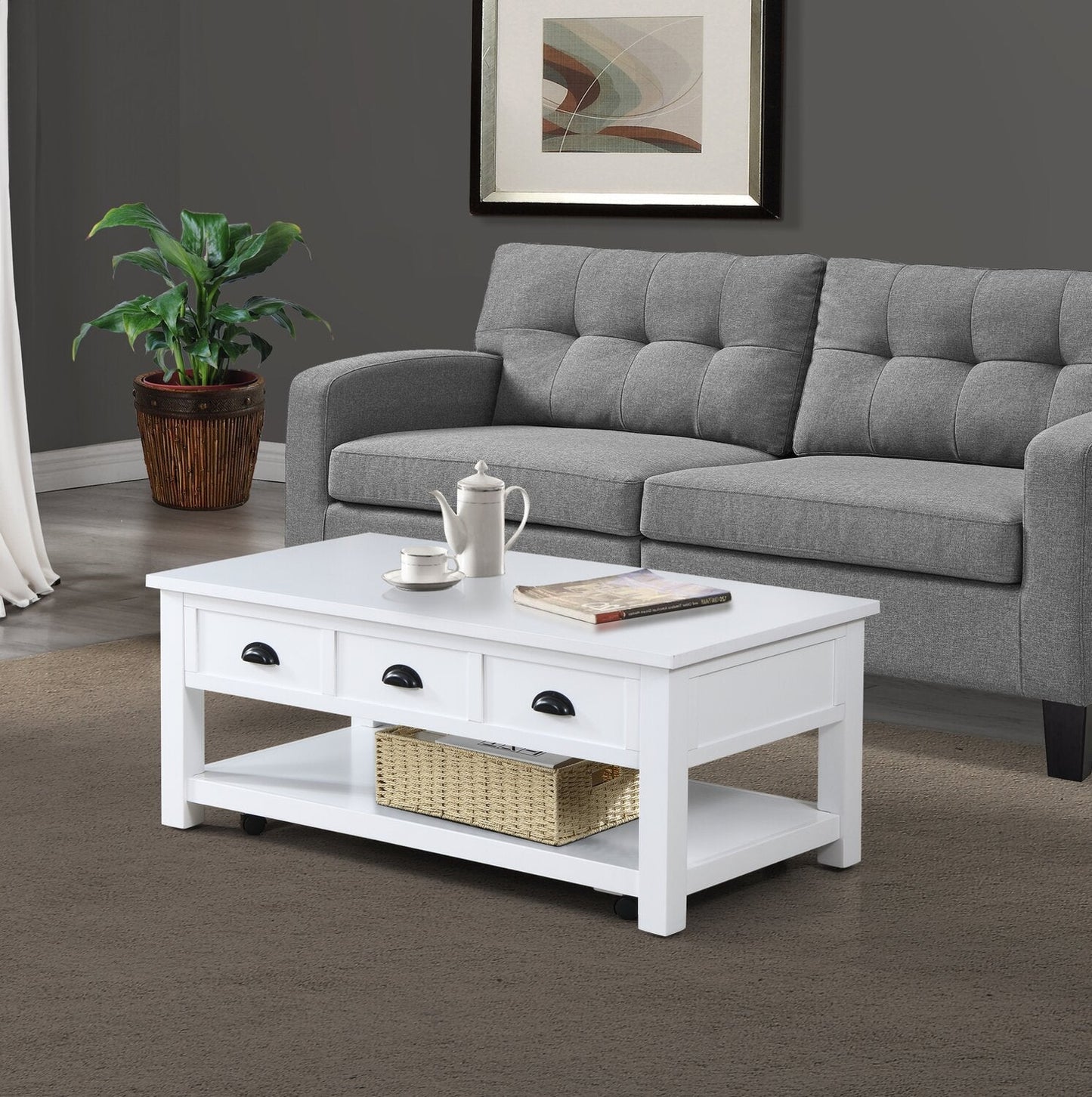 Centennial 48" Modern Lift Top Coffee Table with Storage, Shelf & Casters - White | Table à café moderne Centennial de 48 po avec dessus relevable, rangement, tablette et roulettes - blanche