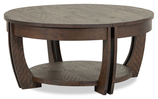 Lyndale 38" Traditional Round Lift Top Coffee Table with Storage and Shelf - Brown Pine|Table à café ronde traditionnelle Lyndale de 38 po avec dessus relevable, rangement et tablette - pin brun