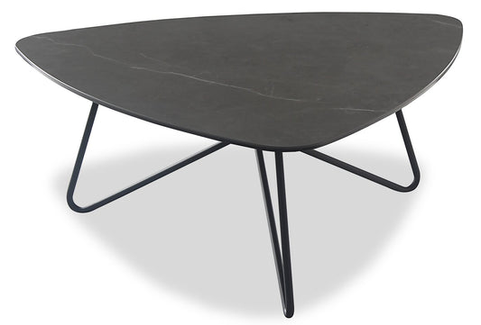 Hamilton 37.99" Modern Triangular Coffee Table - Grey Marble Look Top with Black Metal Legs|Table à café triangulaire moderne Hamilton de 37,99 po - dessus en imitation de marbre gris avec pattes en métal noir