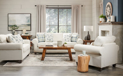 Made in Canada Scarlett 87" Chenille Fabric Sofa with Rolled Arms and Accent Pillows - Ecru Beige | Sofa Scarlett de 87 po fabriqué au Canada en tissu de chenille avec accoudoirs enroulés et coussins décoratifs - beige écru