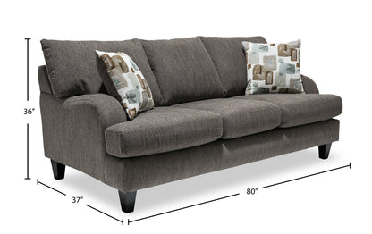 Made in Canada Nofia 80" Chenille Fabric Sofa with Two Accent Pillows and Wood Legs - Charcoal Grey | Sofa Nofia de 80 po fabriqué au Canada en tissu de chenille avec 2 coussins décoratifs et pattes en bois - gris anthracite