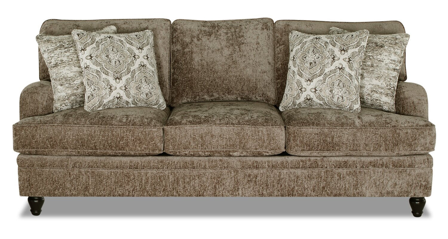 Made in Canada Bellmont 89" Chenille Fabric Sofa with Reversible Cushions and Wood Legs - Toffee Brown | Sofa Bellmont de 89 po fabriqué au Canada en tissu de chenille avec coussins réversibles et pattes en bois - brun caramel